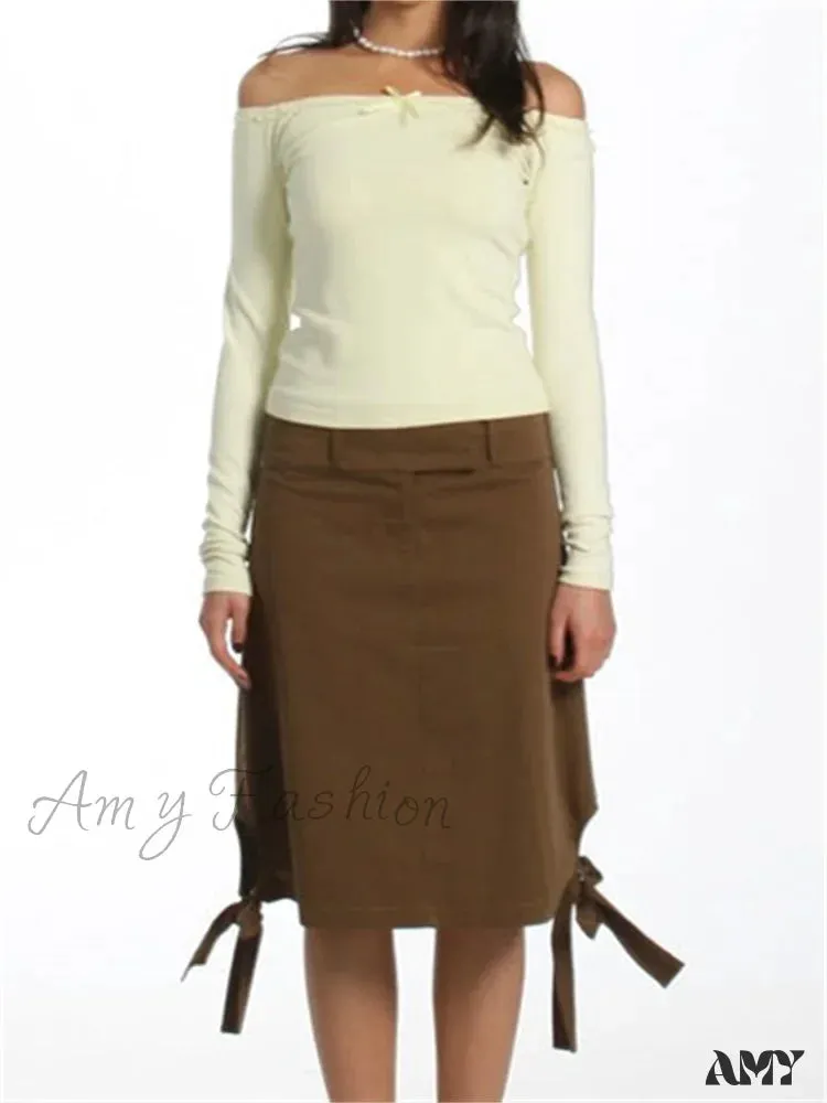 Amy Fashion - Long Sleeve Slash Neck Bow Patchwork T-Shirts
