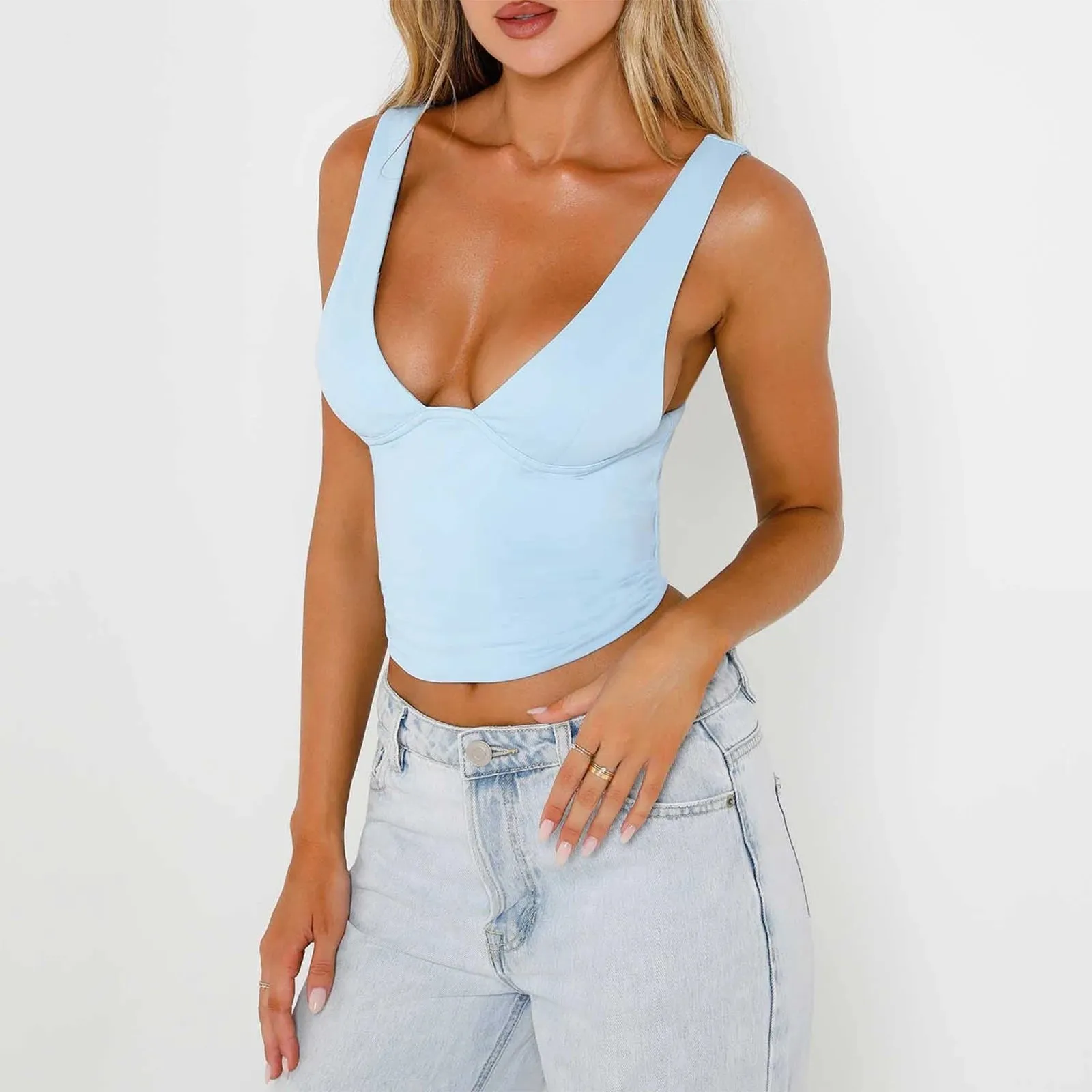 Back To School Joskaa Women's Y2K Solid Color Cropped Tank Tops Casual Summer Deep V-Neck Ruched Sleeveless Basic Vest for Club Streetwear