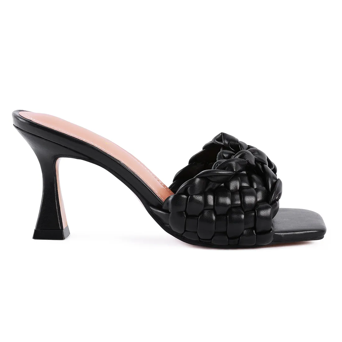 Black Woven Strap Mid Heel Sandals