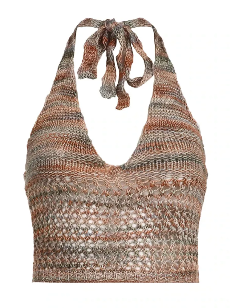 Colorful Knitted Hollow Out Halter Top