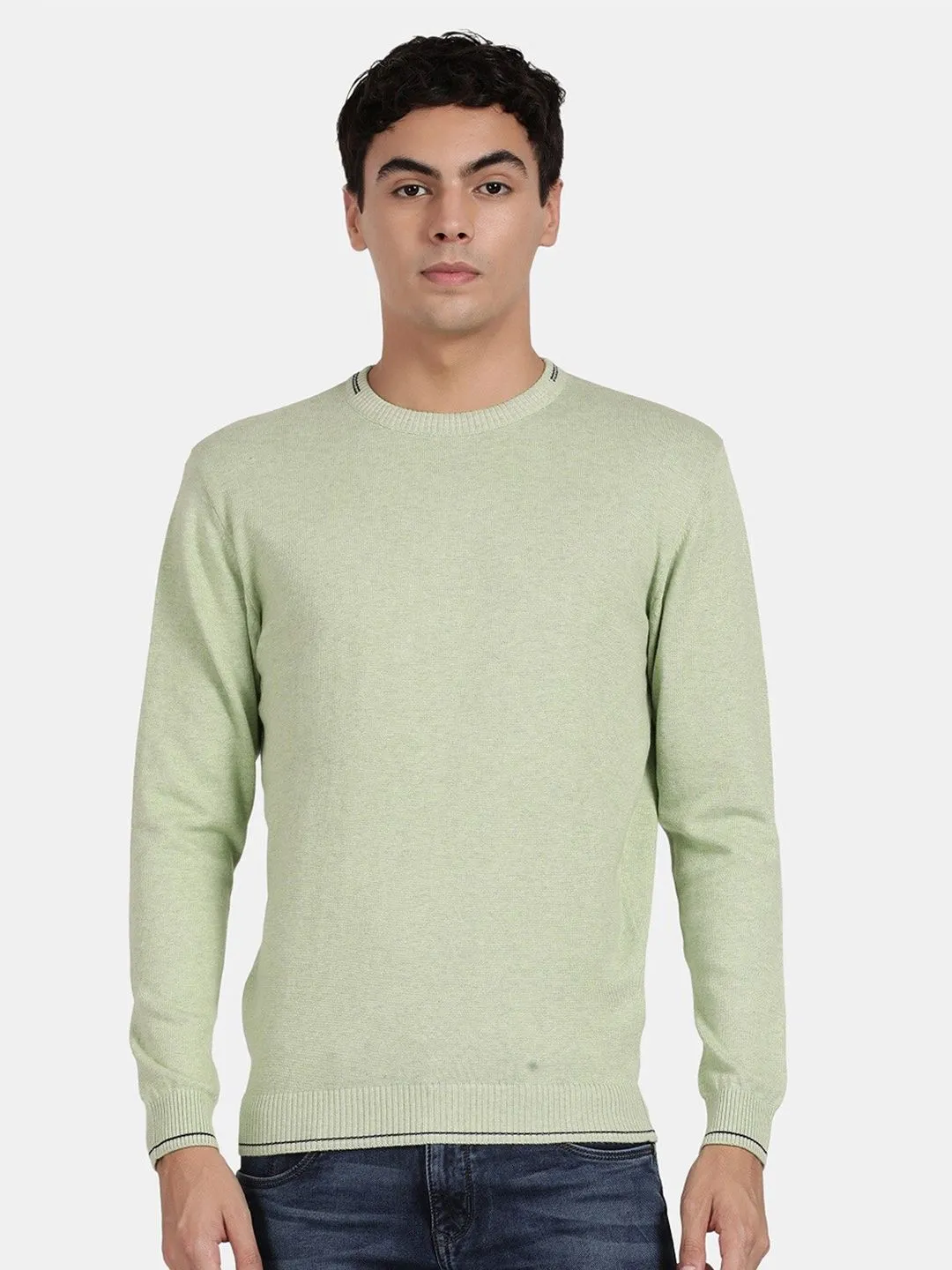 Crew Neck Meadow Green Melange Full Sleeve Pullover
