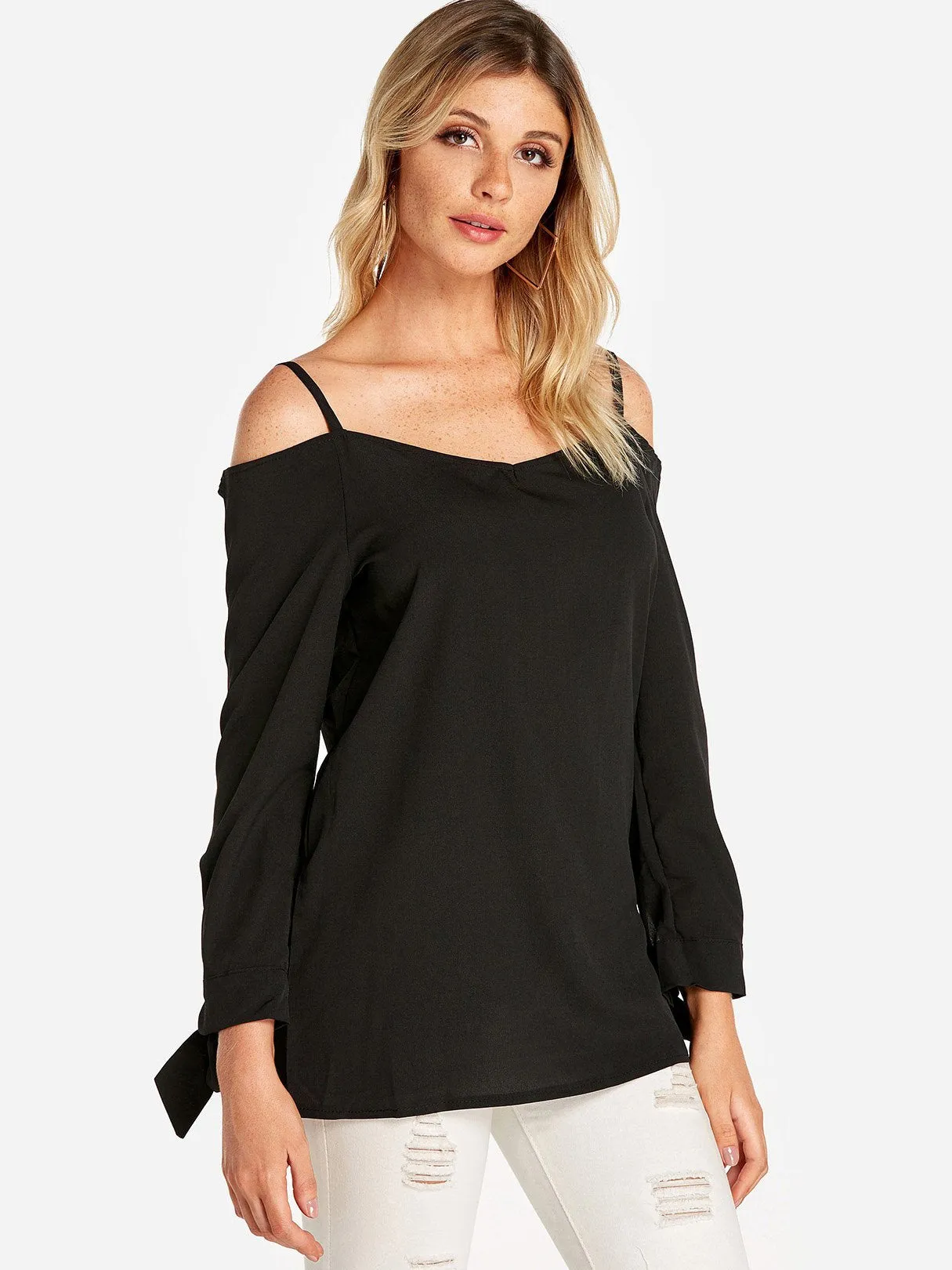 Custom Cold Shoulder Plain Self-Tie Long Sleeve Blouses
