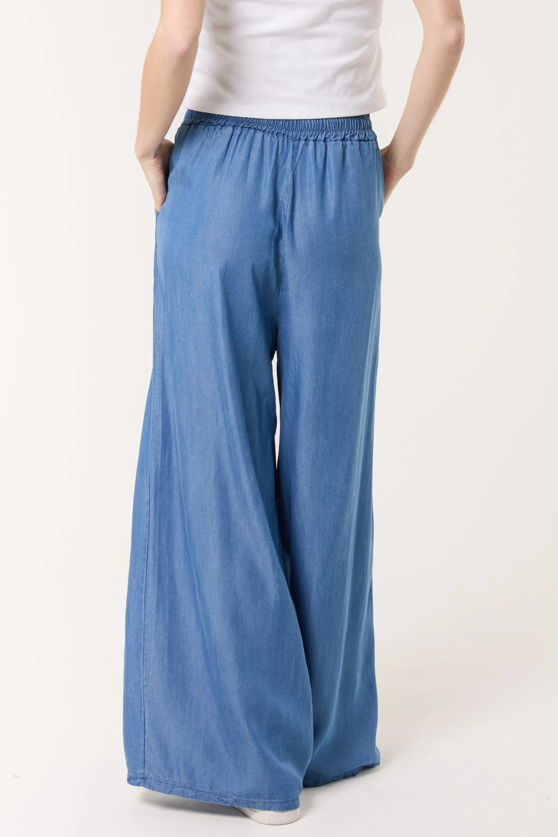 Denim Drawstring Wide Leg Trousers
