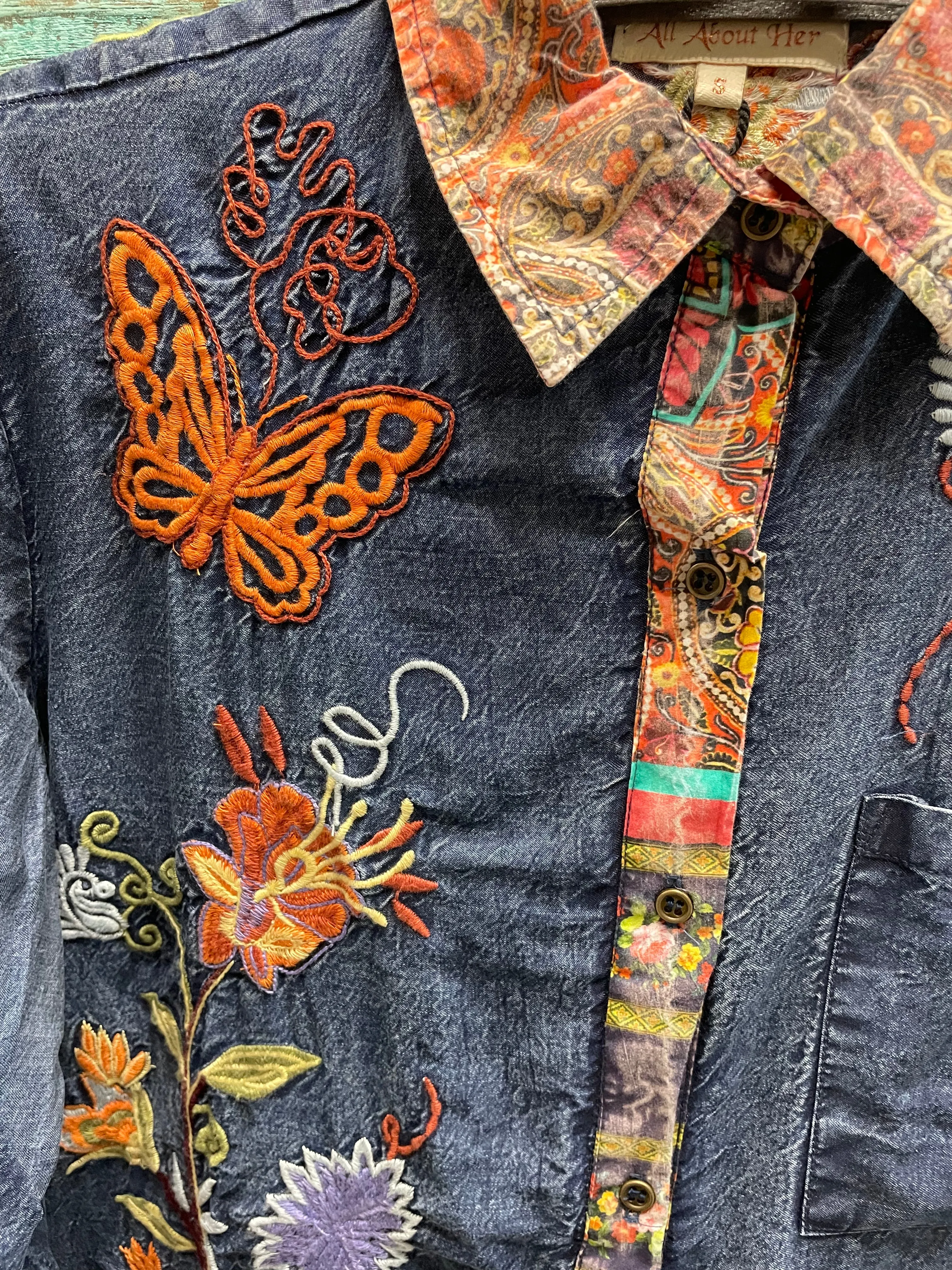 Embroidered Denim Blouse in Blue by All About Her