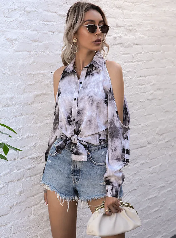 Hollow Lapel Print Tie-dye Shirt