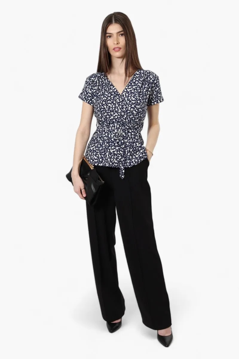 International INC Company Belted Floral Crossover Blouse - Navy