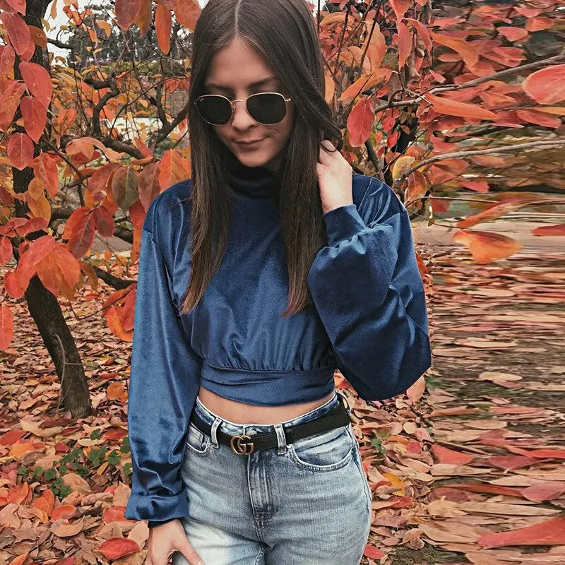 Joskaa Fashion Long Sleeve Turtleneck Crop Tops Women 2024 Autumn Winter Casual Velvet Woman T Shirt Tee Shirt Femme Cropped Tshsirts