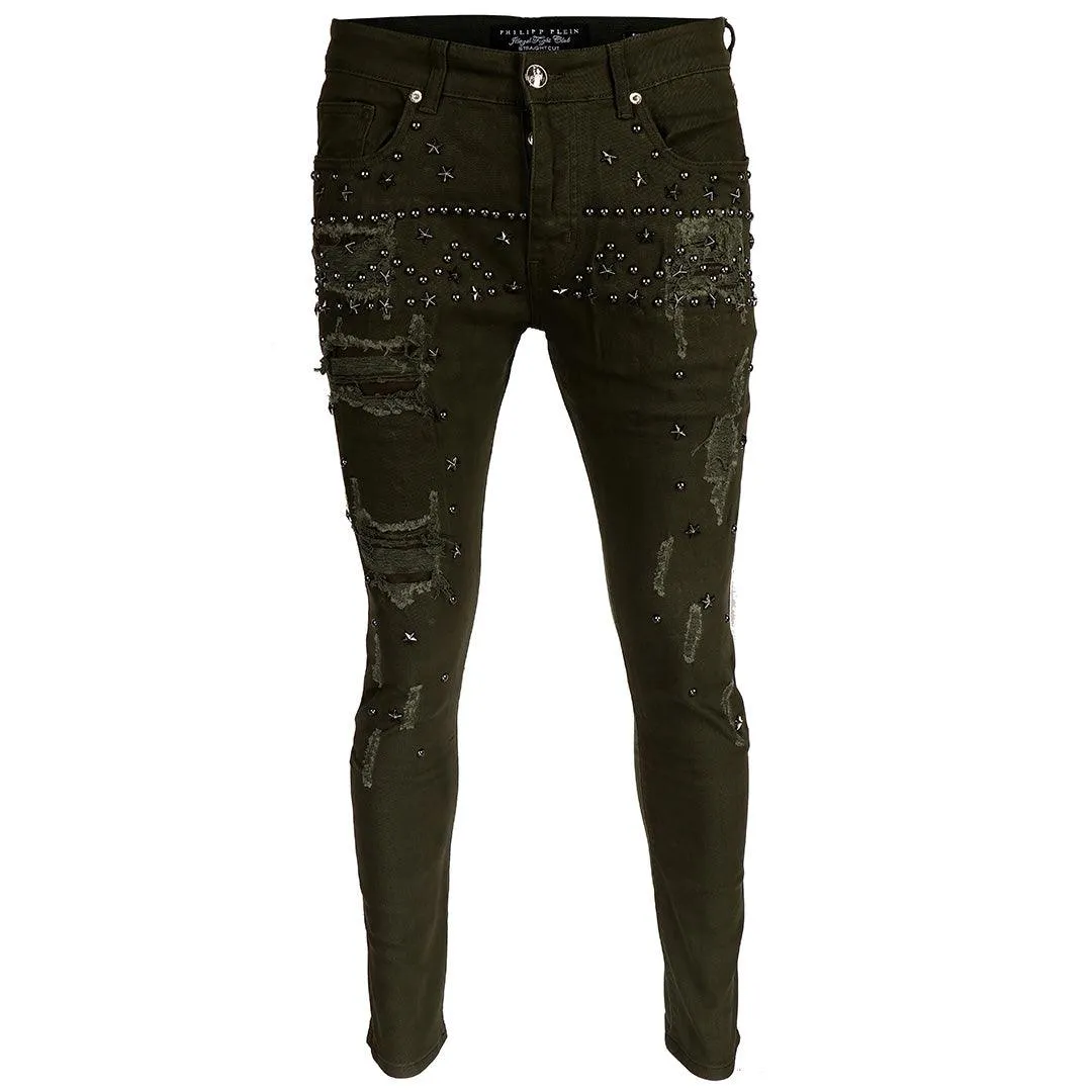 PP Men's Straight Cut Star Stoned Distressed Jeans- Green