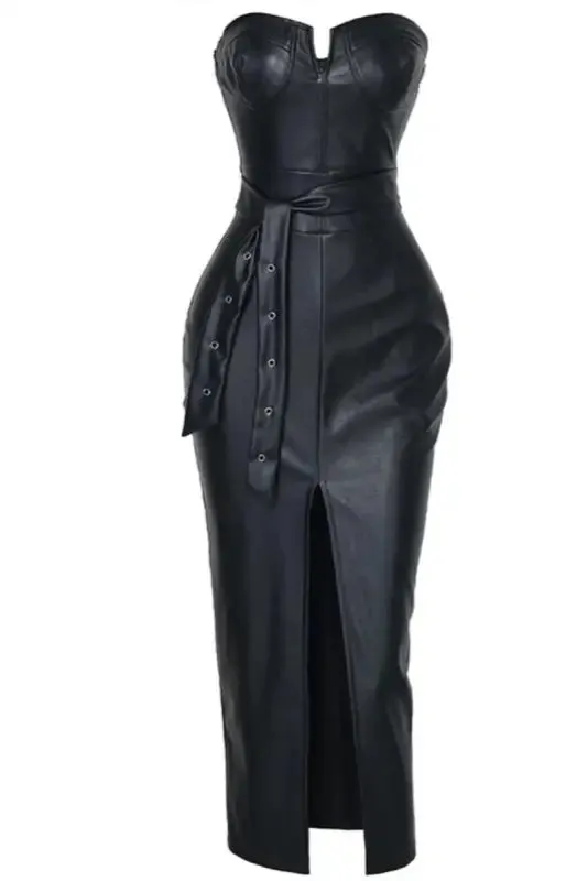 PU Leather Tube Top Slit Belted Midi Dress (S-3XL)