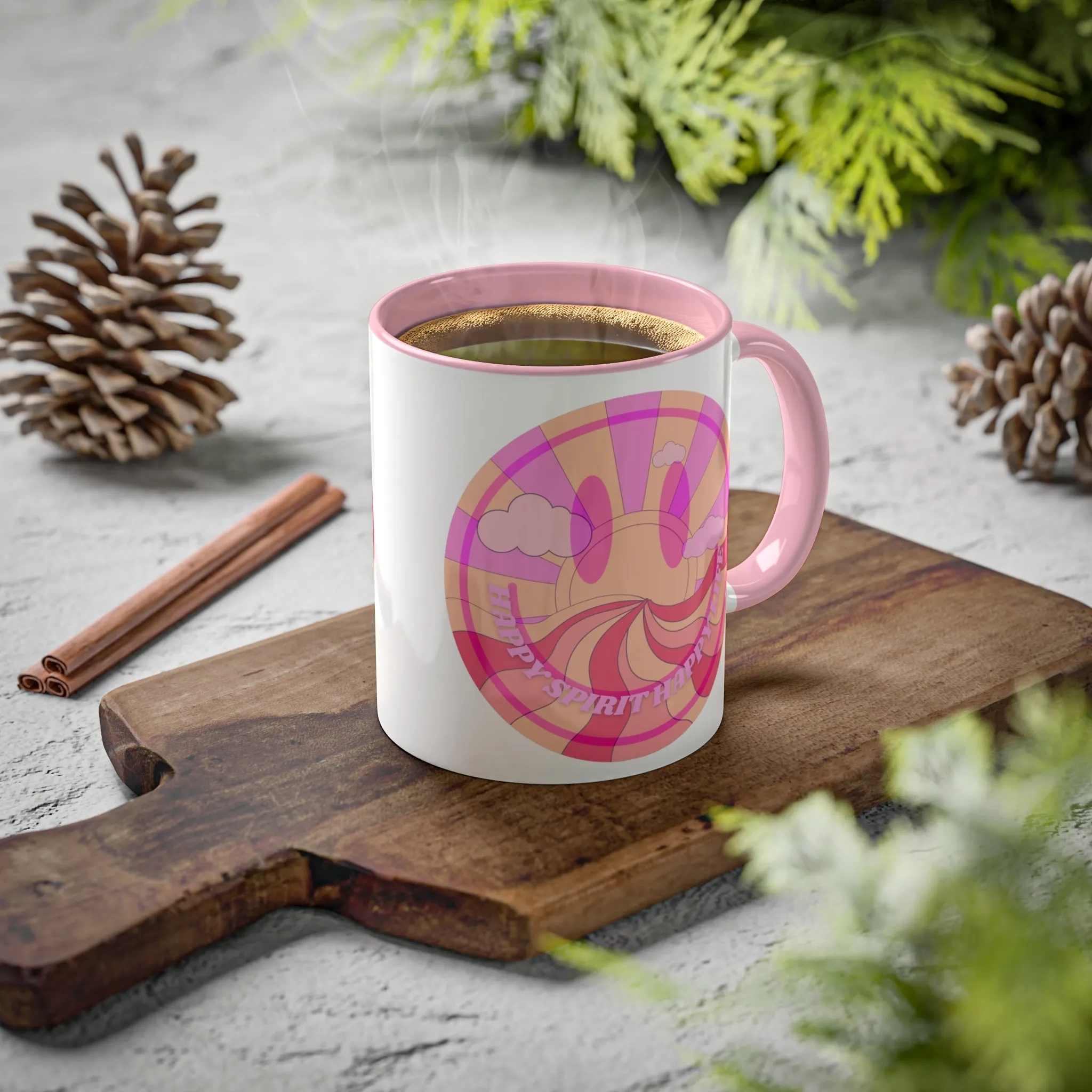 Retro Happy Spirit Happy Life Aesthetic Mug, Smile Face Mug, Trendy Coffee Mug, Tumblr Mug, Aesthetic Happy Life Gift, Aesthetic Pink Mug