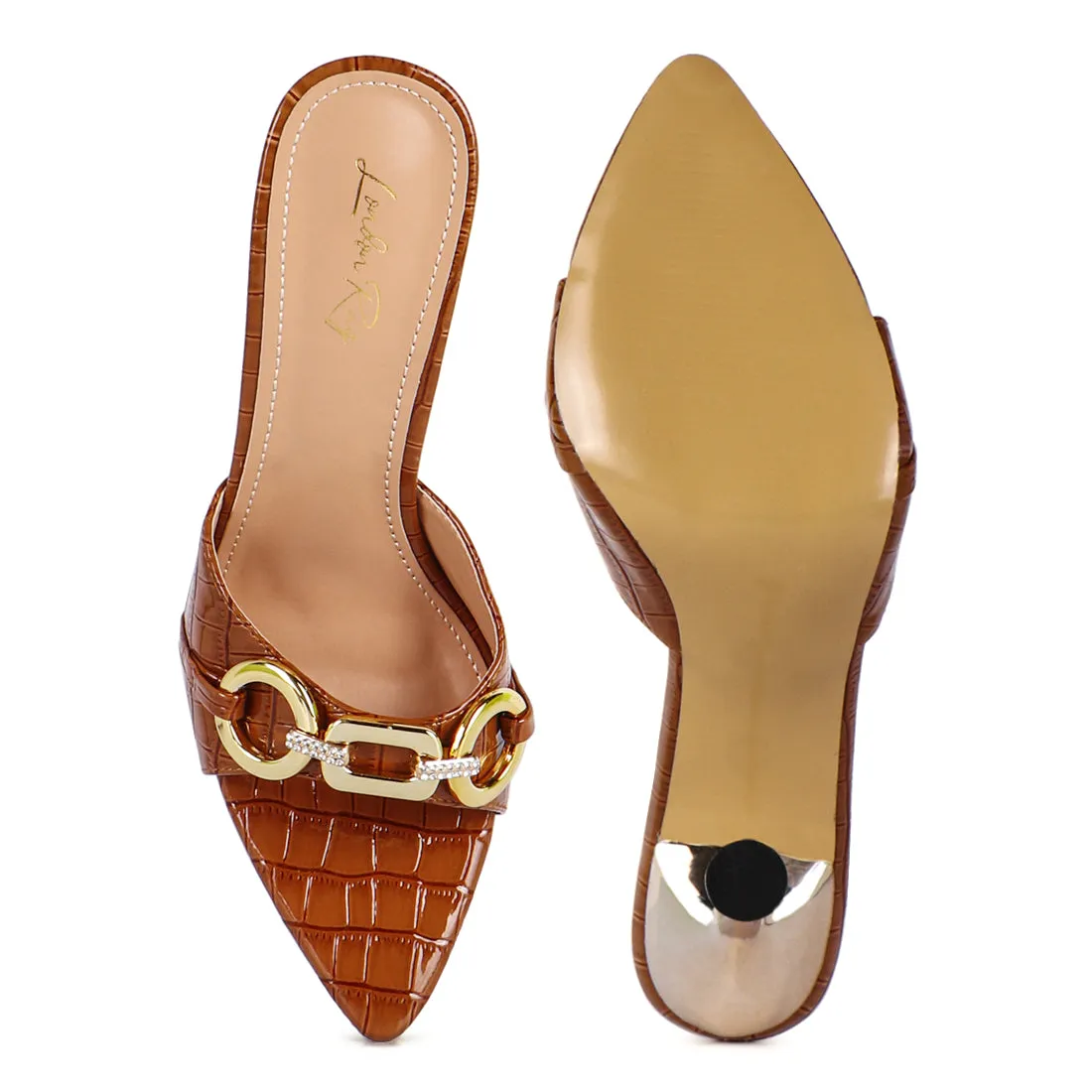 Tan Buckled High Heel Slide Sandals