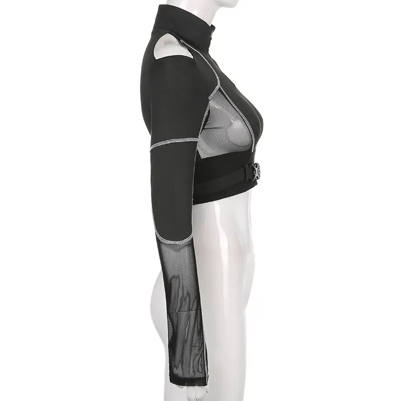 Techwear Mesh Buckle Cropped Long Top