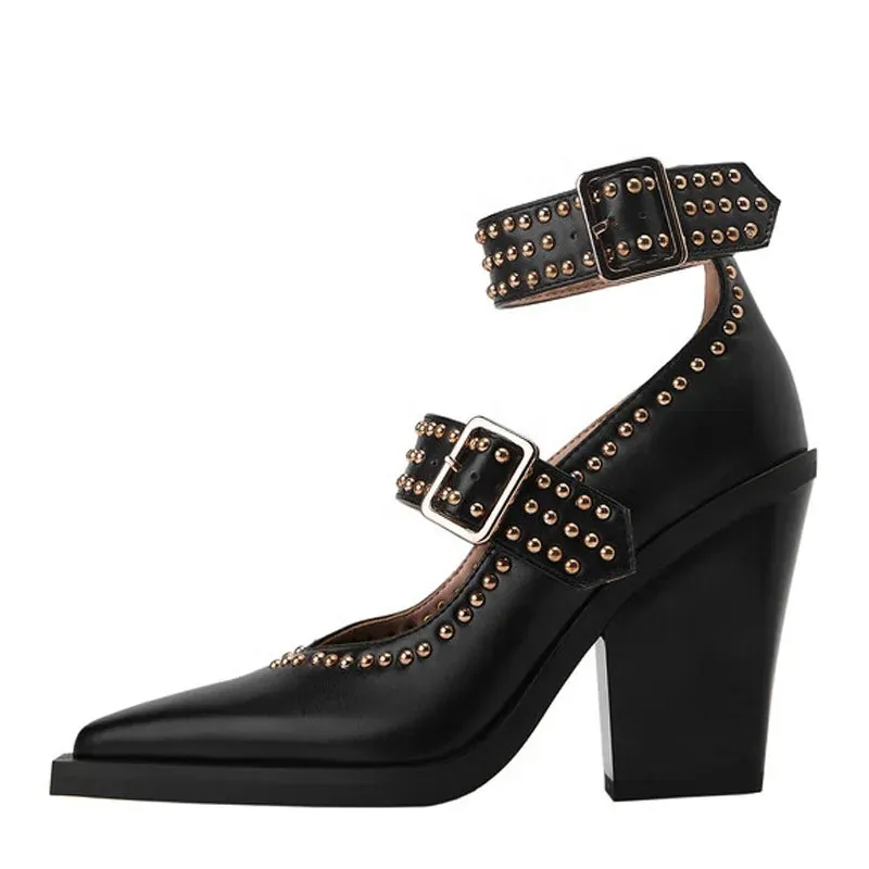 Trend4us Women's Luxury Studded Buckle Strap Block Heel Pumps