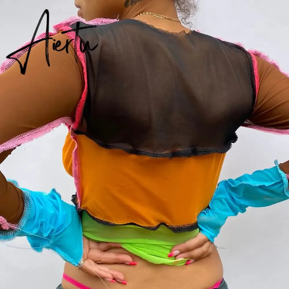 Women striped patchwork ribbons femme t-shirts Autumn o-neck long sleeve neon color casual streetwear fashion outfit