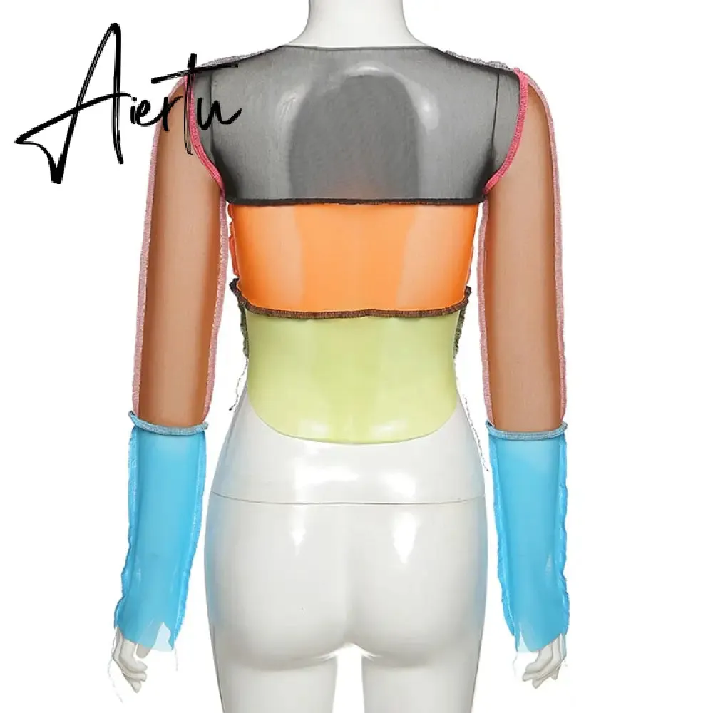 Women striped patchwork ribbons femme t-shirts Autumn o-neck long sleeve neon color casual streetwear fashion outfit
