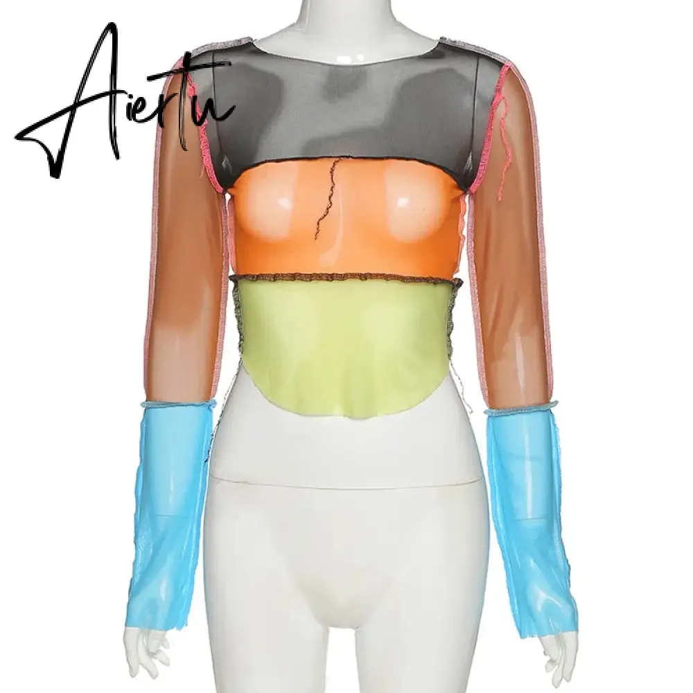 Women striped patchwork ribbons femme t-shirts Autumn o-neck long sleeve neon color casual streetwear fashion outfit